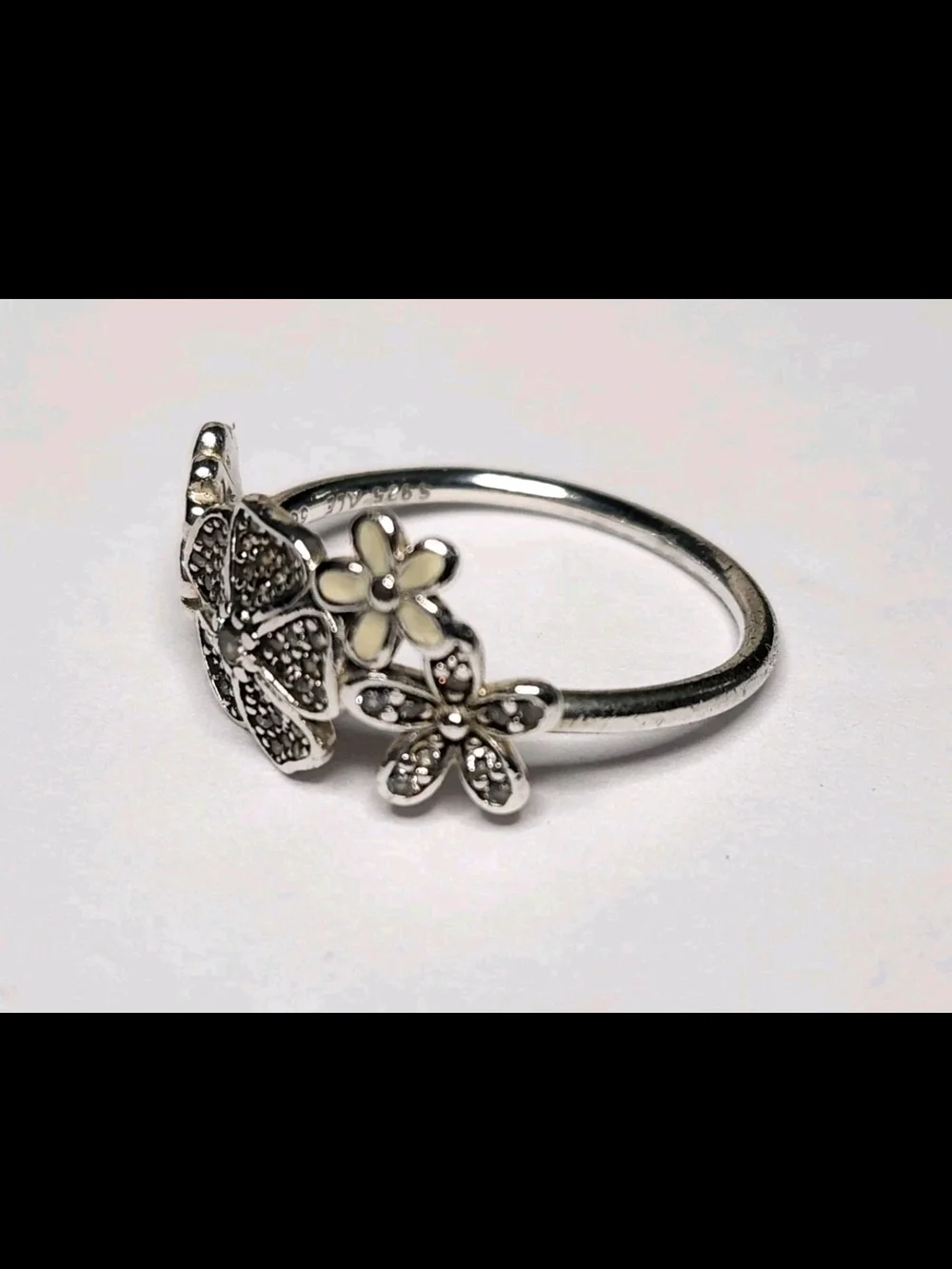 Pandora Sterling Silver .925 ALE Sparkling Daisies Ring Size 7.5 Enamel & CZs
